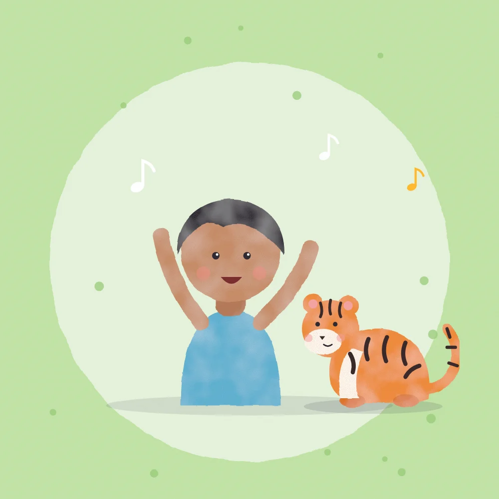 A boy dancing to a story with his favourite animal, a tiger